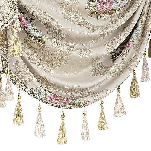 Loom and Mill Luxury Jacquard Waterfall Valance, Floral Damask with Tassels, Pearly Beige, 79 Inch, 1 Panel K1125