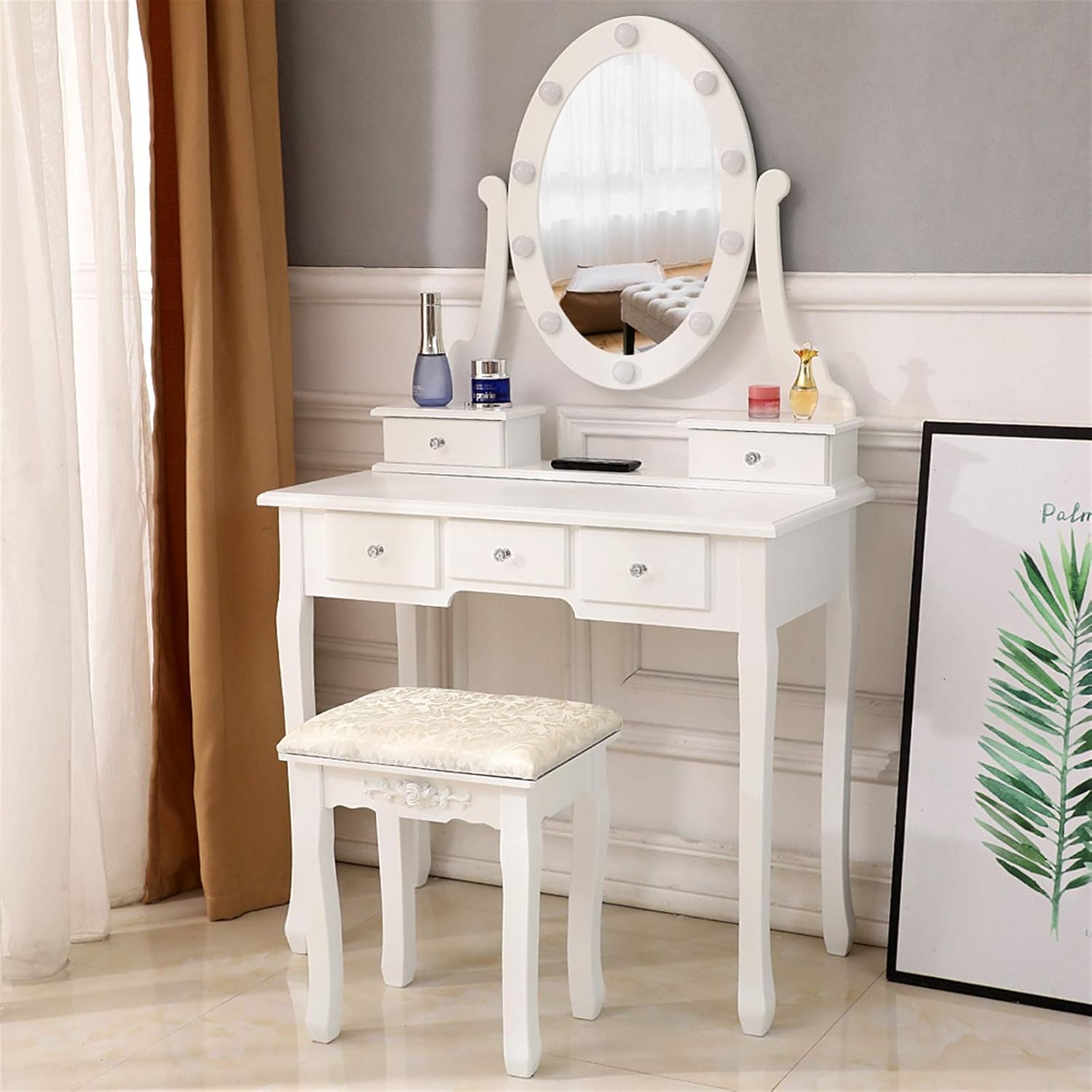 White Lighted Makeup Vanity Set with Rotating Mirror and Cushioned Stool Y385384