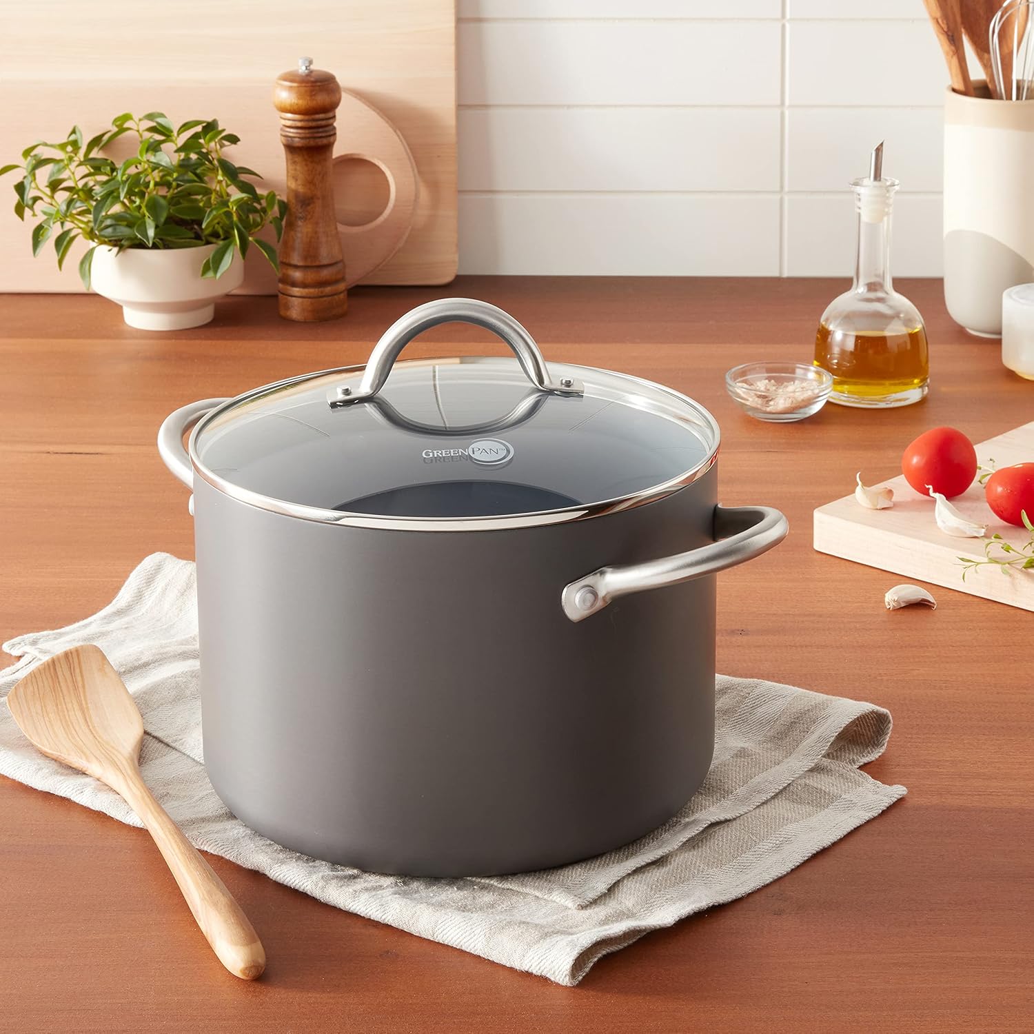 GreenPan Lima Hard Anodized Ceramic Nonstick 8QT Stock Pot with Lid, Gray C783083