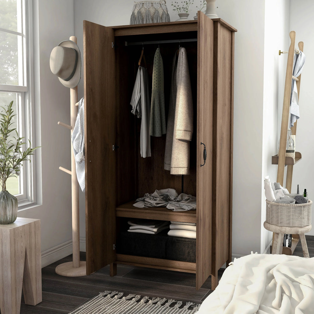 Denhour DH BASIC Rustic Distressed Walnut Double-door Wardrobe Closet with Shelves J4446