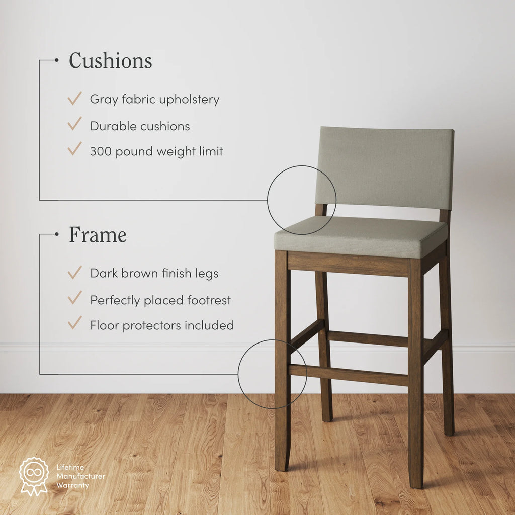 Nathan James Linus Upholstered Bar Stool with Back, Rubberwood Legs, Light Gray/Dark Brown Y554
