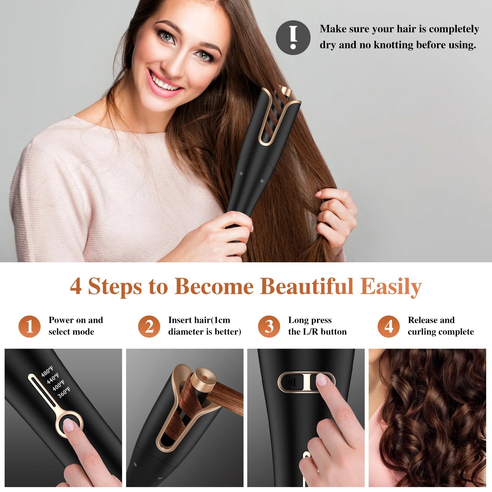 Curling Iron with Rotating Barrel and 4 Heat Settings a7k