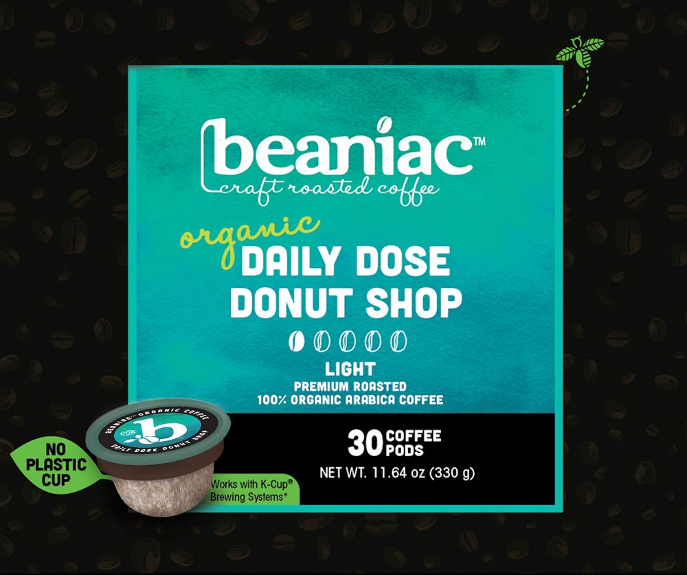 beaniac Organic Daily Dose Donut Shop Light Roast Single Serve Coffee Pods, 30 Count N808349