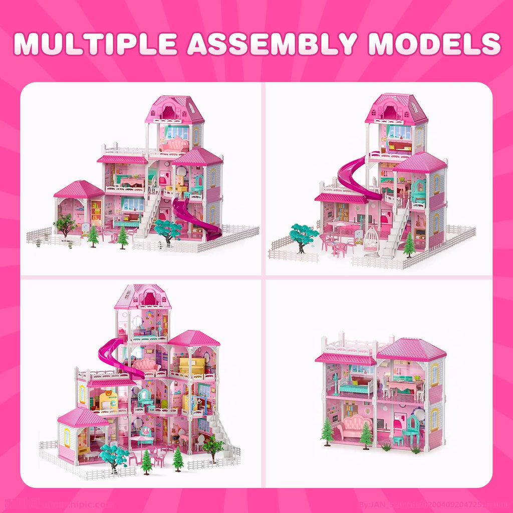 Beefunni 4-Story 12-Room Dollhouse with 2 Princesses and Slide Accessories X74843