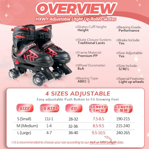 Kids Adjustable Roller Skates Light Up Wheels Quad Black Red k7