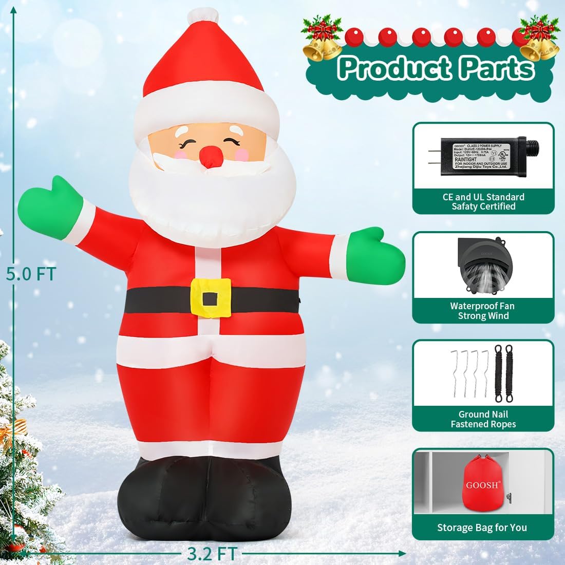 Christmas Inflatables Santa Claus Outdoor Yard Decor with LEDs a7
