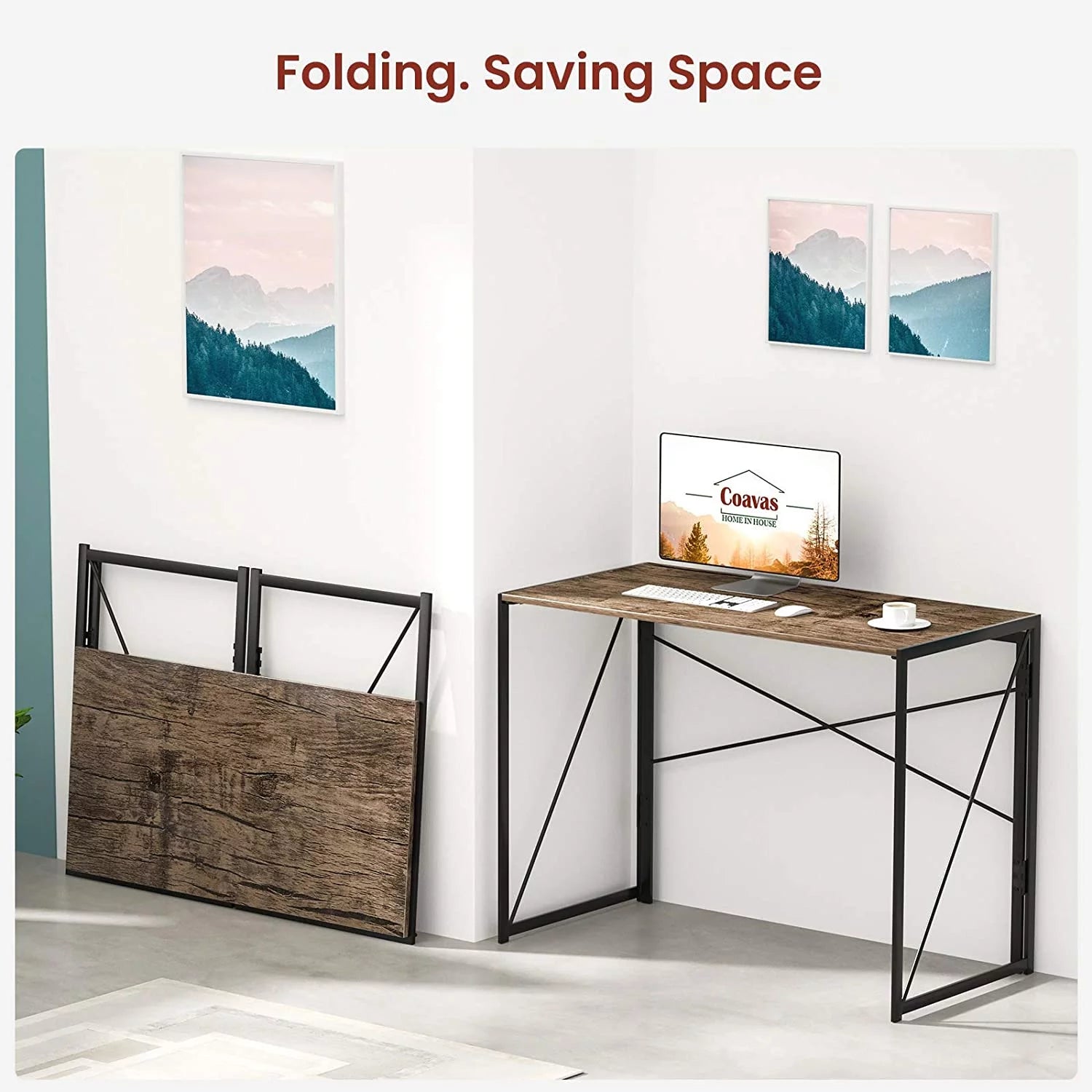 Coavas Folding Desk 39.4 inch Writing Computer Desk for Home Office Brown V502302
