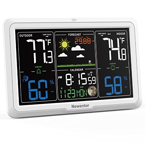 Newentor Weather Station Wireless Indoor Outdoor, Indoor Outdoor Thermometer Wireless, 7.5" Home Weather Stations with Atomic Clock, Temperature Humidity Gauge, Weather Forecast and Barometer, Black