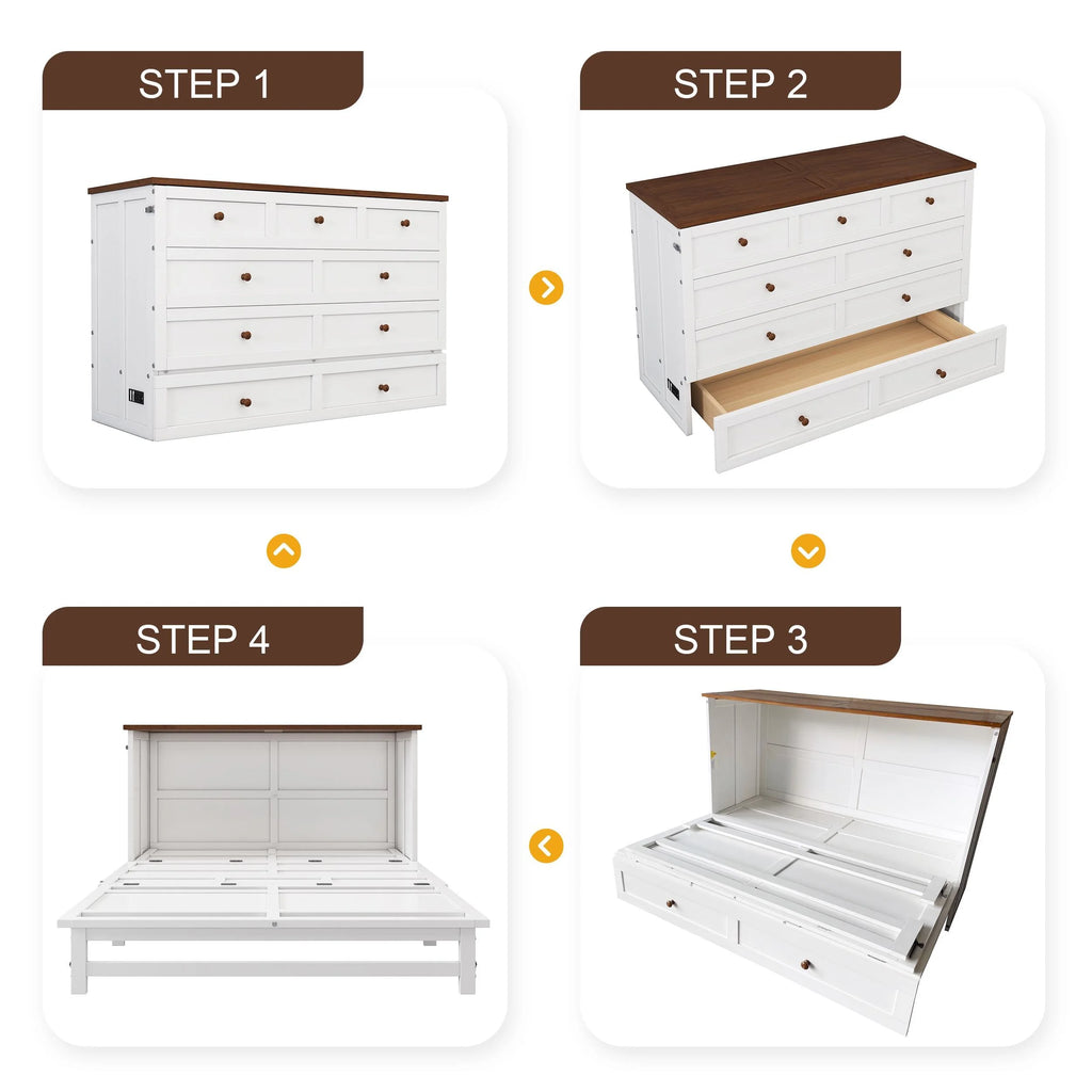 Bellemave Murphy Bed Queen with Storage Drawer, Solid Wood, Charging Station P8432