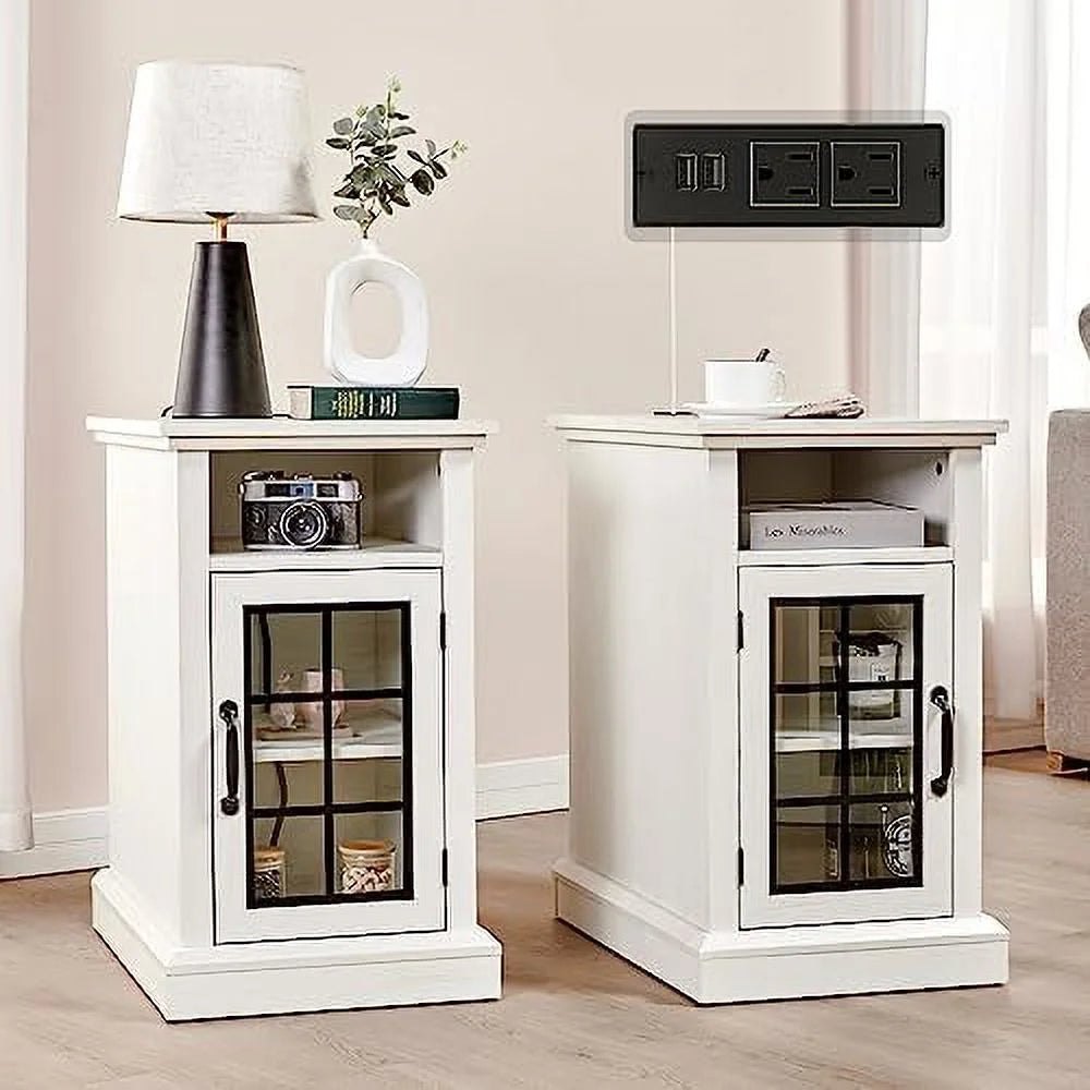 Set of 2 End Table with Charging Station and USB Ports, Glass Door, Distressed White L46911