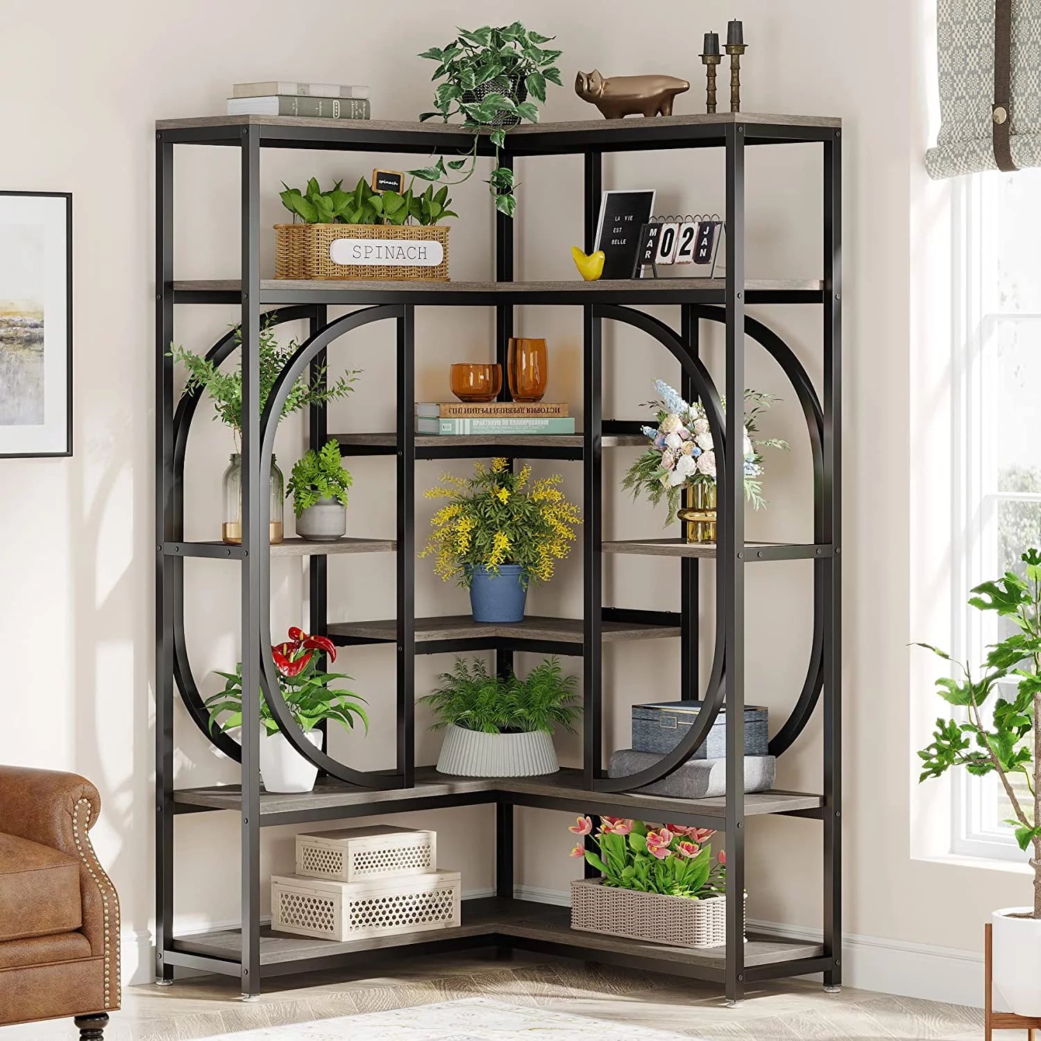 Tribesigns 7-Shelf Corner Bookshelf, L-Shaped Modern Corner Bookcase with Storage, Large Display Rack with Metal Frame for Living Room Home Office