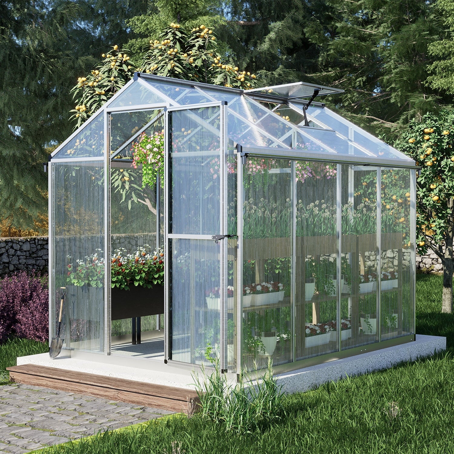 Polycarbonate Greenhouse with Roof Vent and Door Lock 7k
