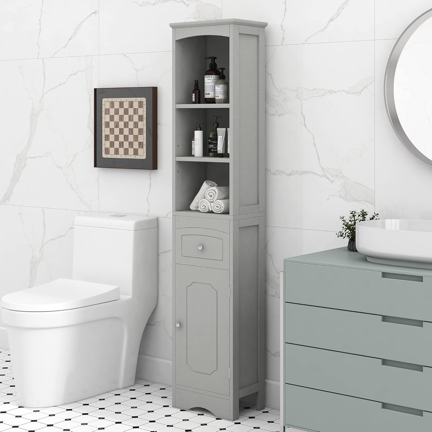 Tall Slim Bathroom Storage Cabinet with 3-Tier Shelf and Drawer, Grey M889
