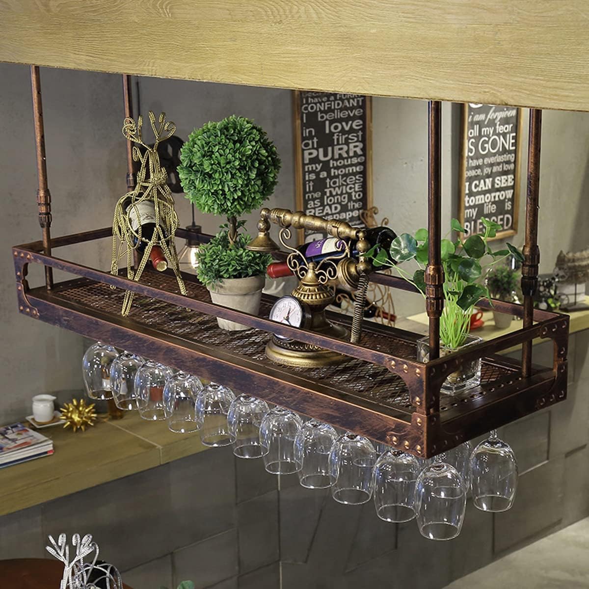Hanging Wine Glass Rack, Industrial Vintage Metal Wall-Mounted, Bronze, 60x35cm Y4857