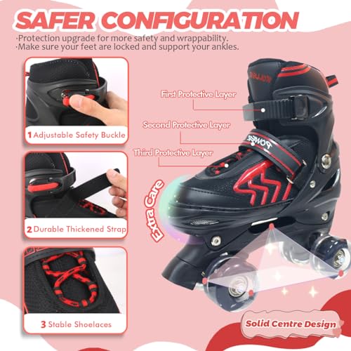 Kids Adjustable Roller Skates Light Up Wheels Quad Black Red k7