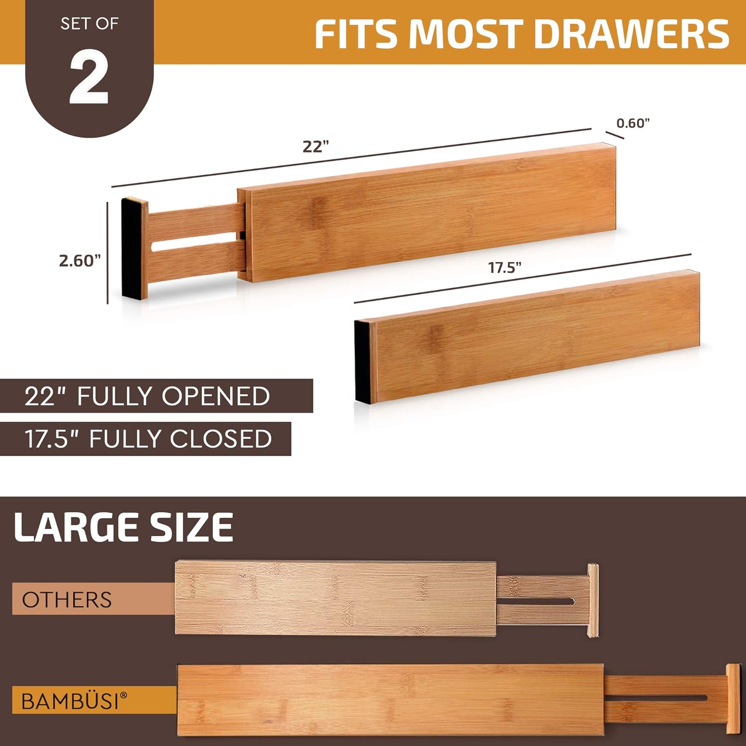 Adjustable Bamboo Drawer Divider Organizers for Large Drawers, 2-Pack, Natural M741