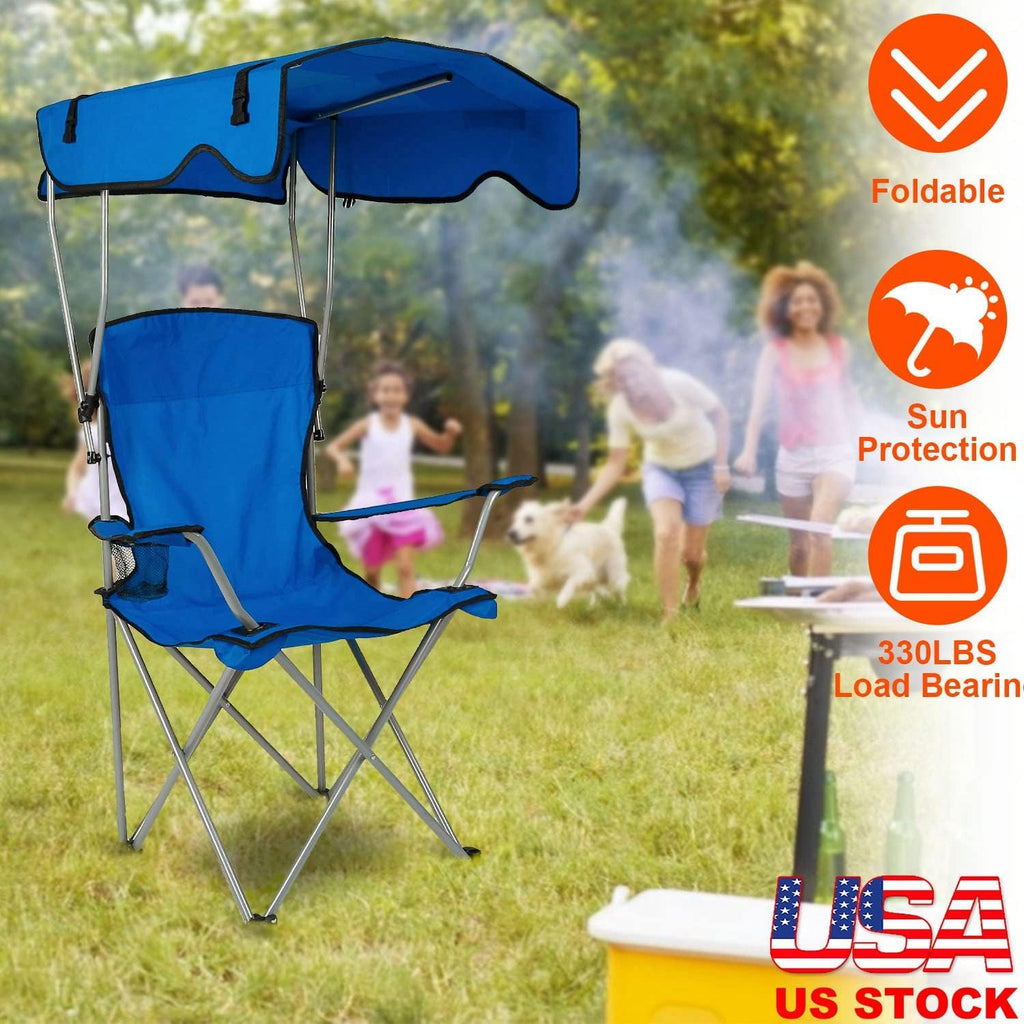 Camping Chair with Shade Canopy, Heavy Duty Folding, UPF 50+ Sun Protection Portable Outdoor Support 330 LBS Blue k7