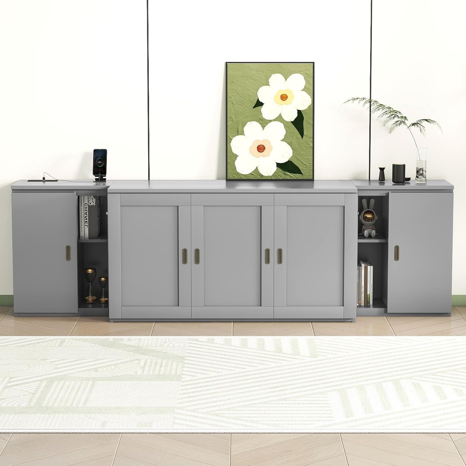 Queen Size Murphy Bed with Shelves, Cabinets and USB Ports, Can Change Into Cabinet, Save Space Design, for Bedroom, Apartments (Gray/Queen Size Murphy Bed-00B)