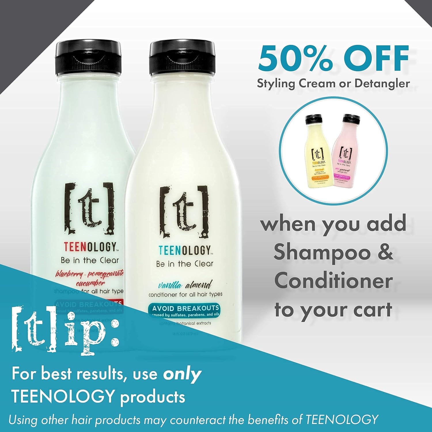 TEENOLOGY Shampoo and Conditioner Bundle, Sulfate-Free, Noncomedogenic, Sweet Mint, 16 oz G81358