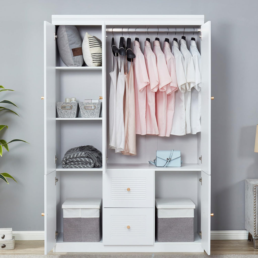 3 Door Armoire Wardrobe Closet with 2 Drawers, White Wooden Cabinet T413596