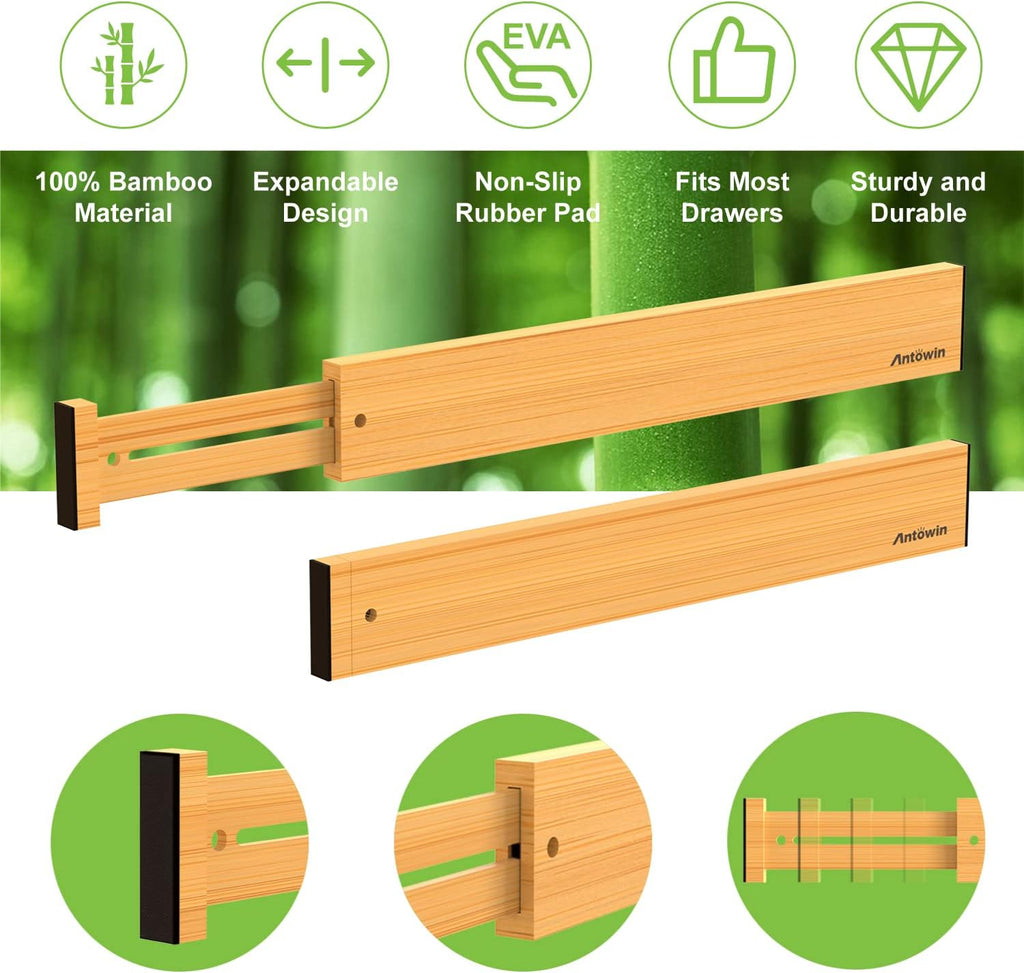 ANTOWIN Bamboo Drawer Dividers Organizers 16pcs, Expandable 17-22 inches V28899