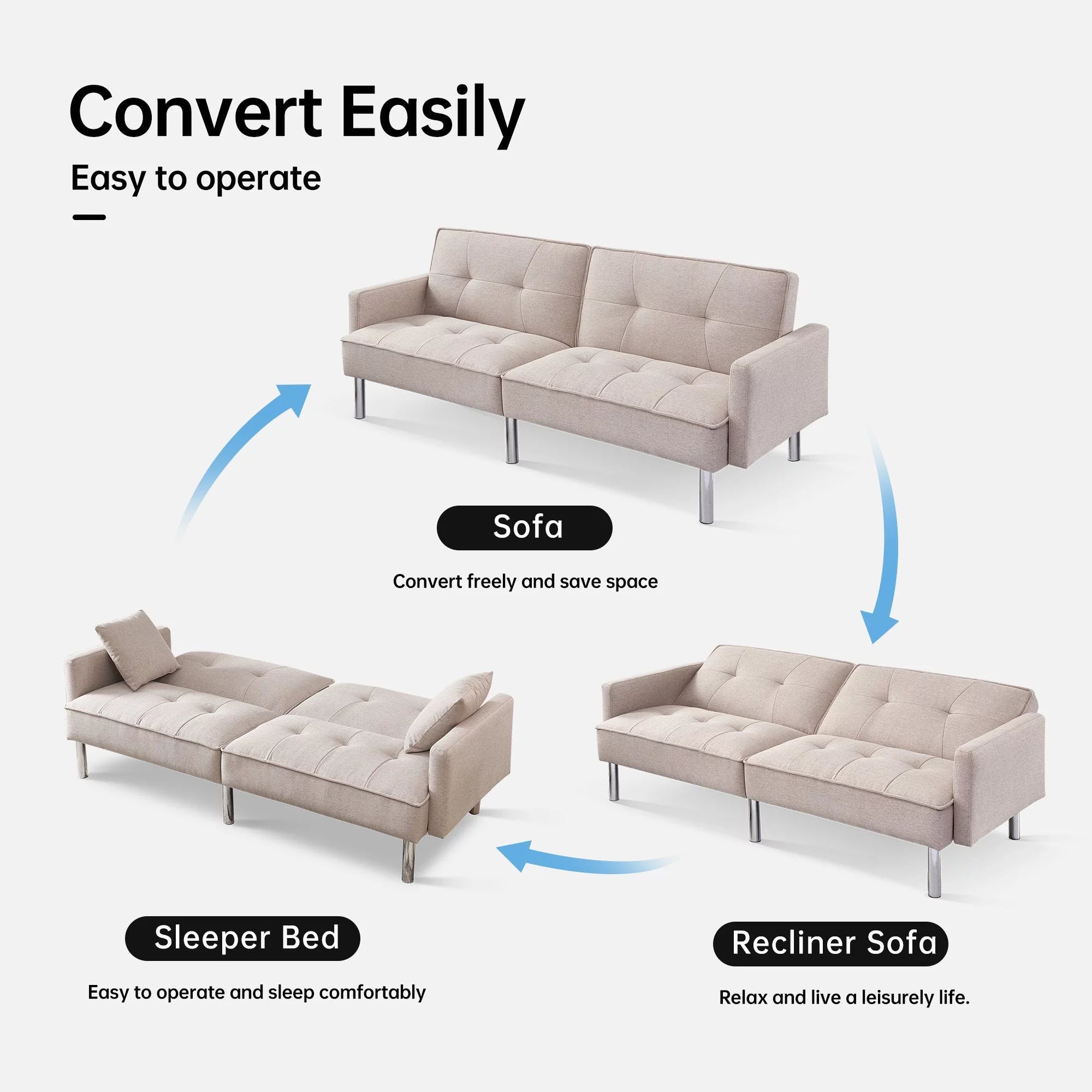 Moootto 84.6 in. Extra Long Tufted Beige Fabric Futon Sofa Bed P625