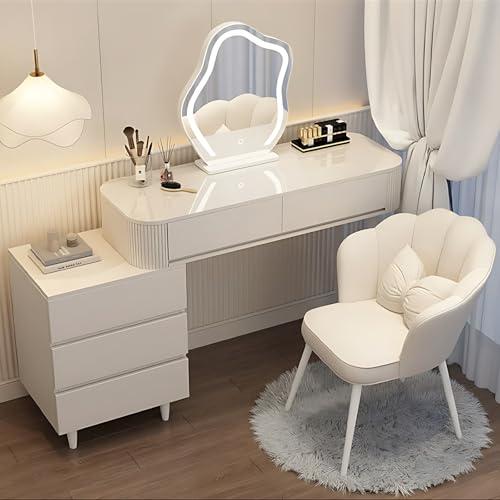 Fashionable Vanity Table with Drawers - Vanity Table Set | LED Smart Makeup Mirror Included | Modern Bedroom Vanity | Solid Wood Material | New Makeup Experience (Round Mirror, 40")