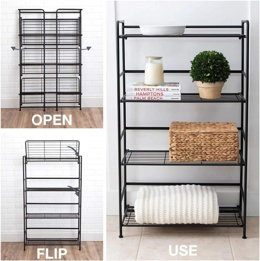 Folding Metal Bookcase with 4 Shelves, Black N4104