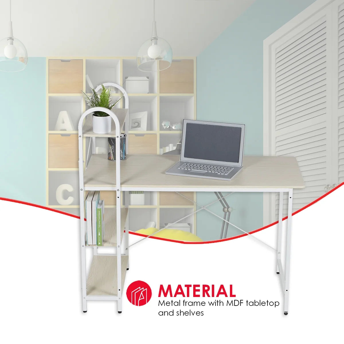 Home Basics Computer Desk with Shelves, Oak/White L451732