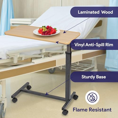 Adjustable Rolling Overbed Table with Wood Top a7