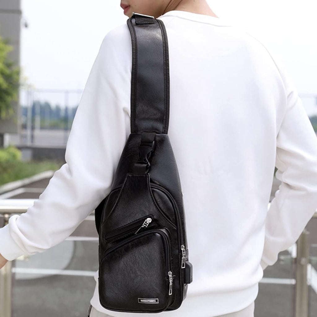 Waterproof Leather Sling Backpack with USB Port a7
