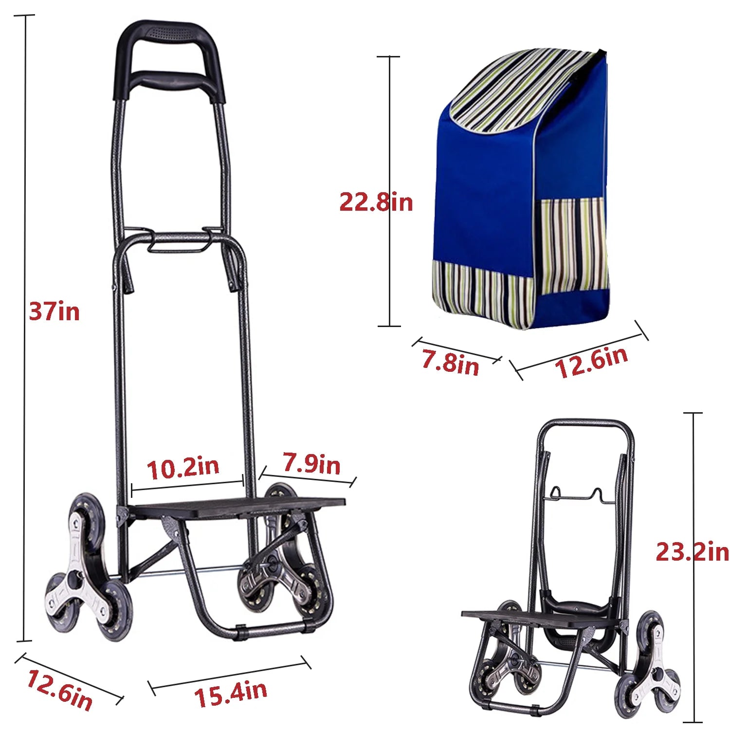 Folding Shopping Cart with Wheels, Stair-Climbing Utility Trolley Blue k7