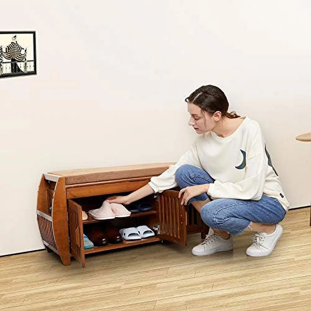 KBANZIBIU Bamboo Shoe Bench with Detachable Cushion and Hidden Compartment T94805