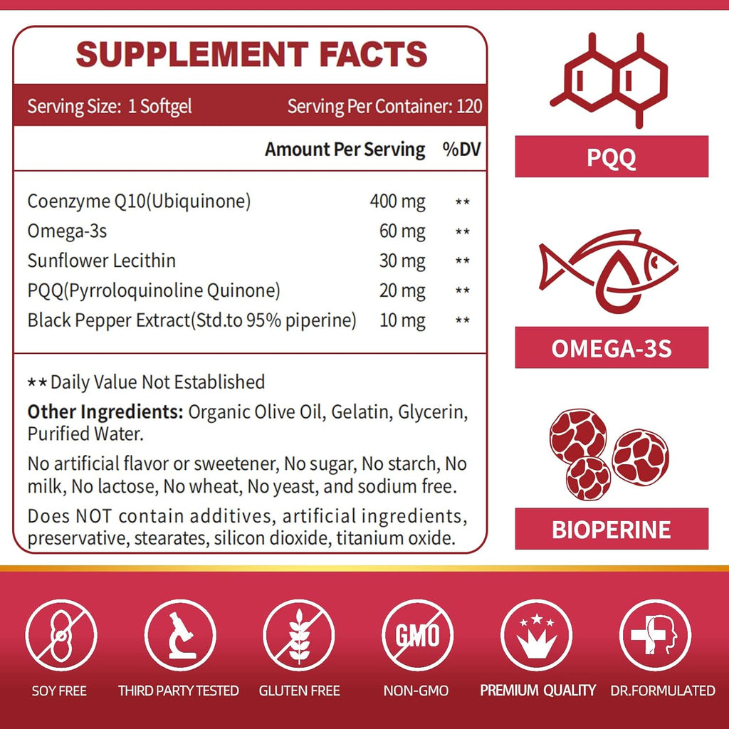 Coenzyme Q10 Softgels with PQQ and Omega-3, Heart Support, 120 Servings k7