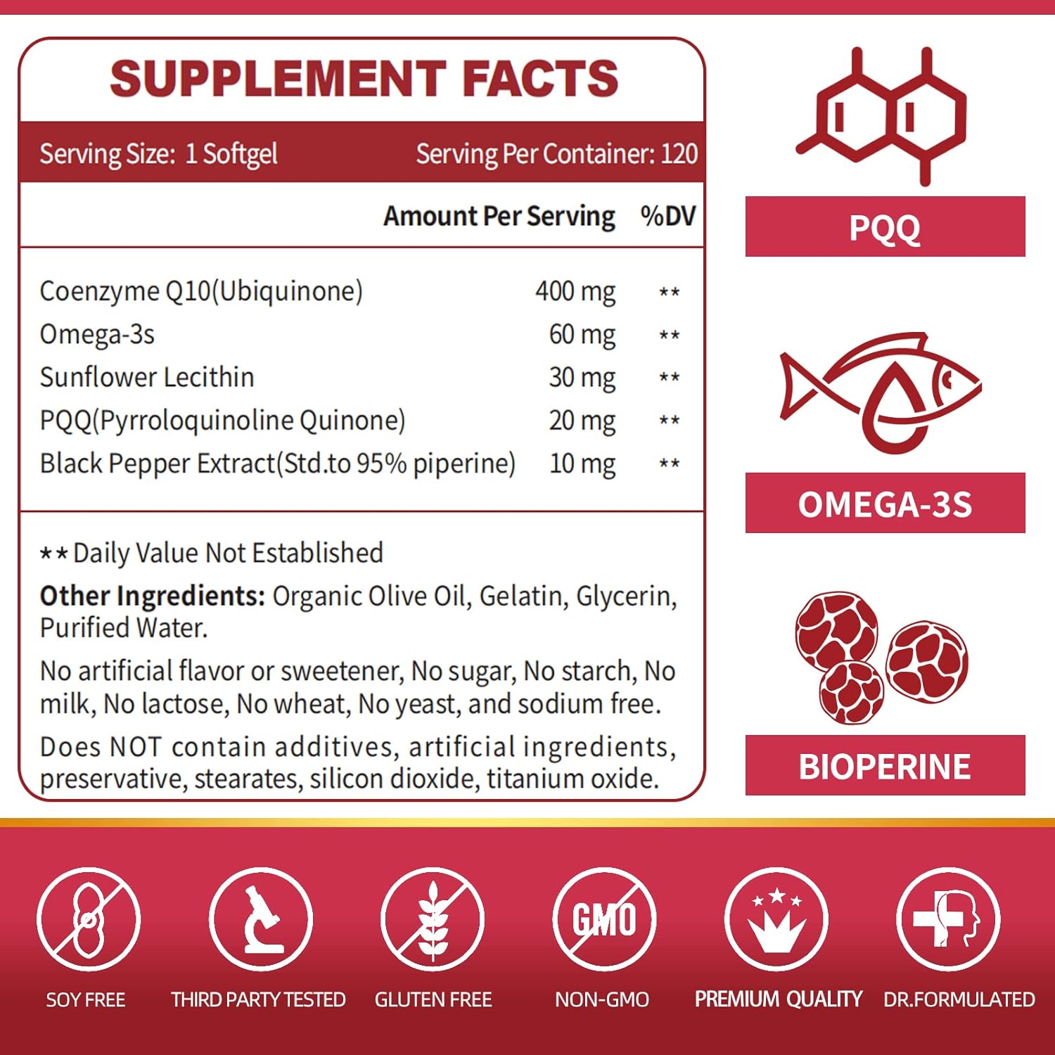 Coenzyme Q10 Softgels with PQQ and Omega-3, Heart Support, 120 Servings k7