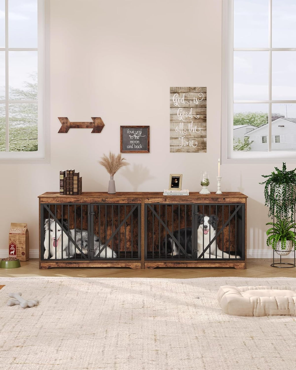 76.4" Wood Dog Crate Furniture with Divider for 2 Dogs, Brown K452