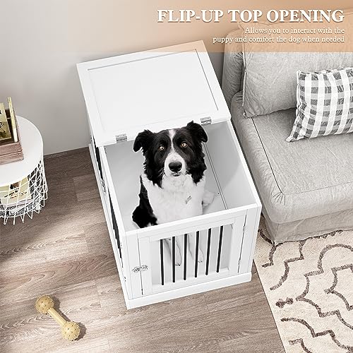 Dog Crate Furniture End Table with Cushion for Large Dogs, White Q48599