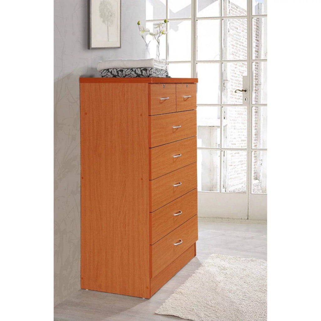 Hodedah 7 Drawer Wooden Dresser Chest with 2 Top Locks, Cherry K8270