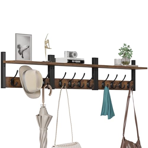 Wood Coat Rack with 16 Hooks, Wall Mounted, Rustic Brown A652