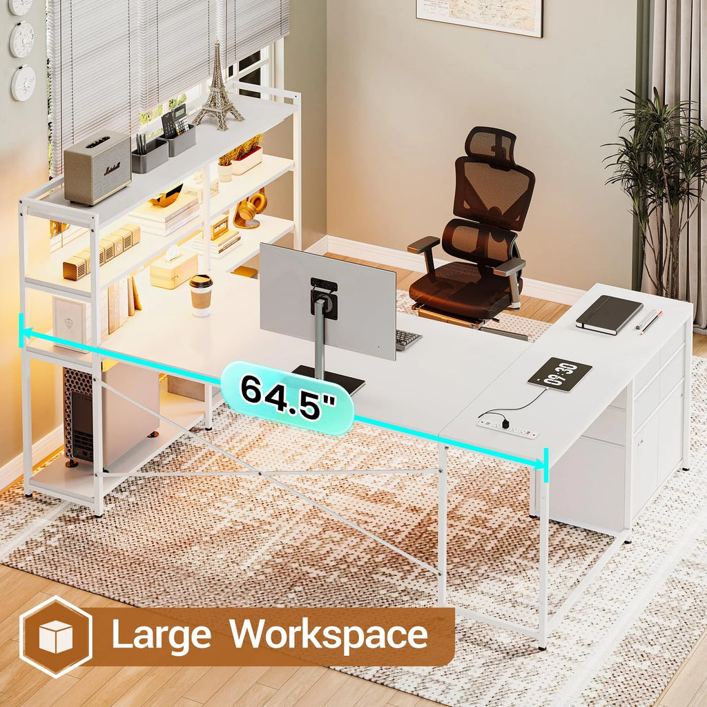 Afuhokles L Shaped Computer Desk with Power Outlet and Storage Shelves, White T9423