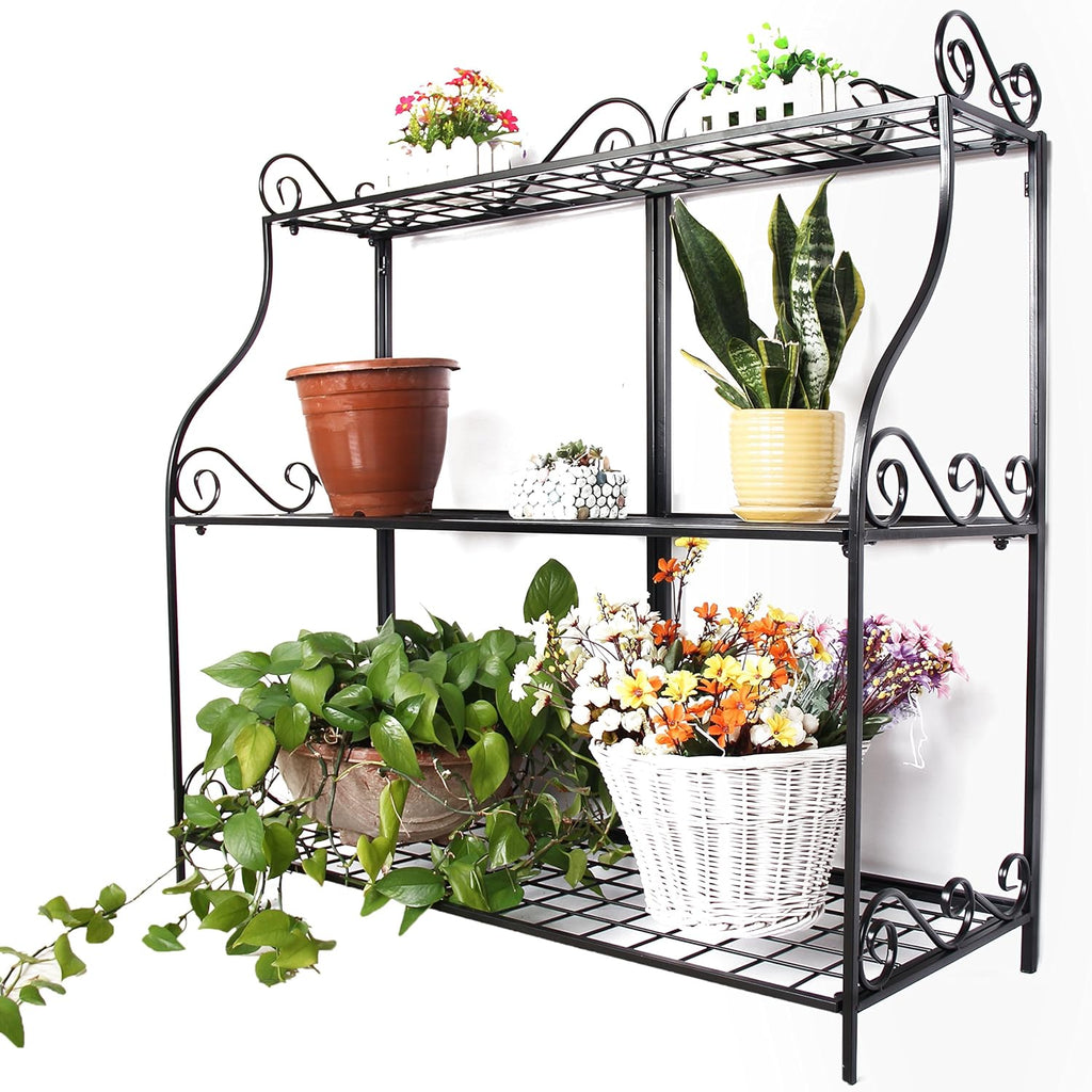 Large Flower Stand Plant Display Freestanding Metal Scrollwork Foldable 3-Tier Rack a7
