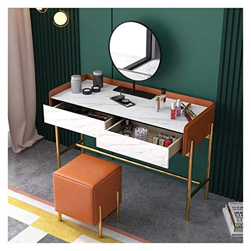 Luxury Dressing Vanity Table with Stool, Round Mirror, 2 Drawers, White Q54953