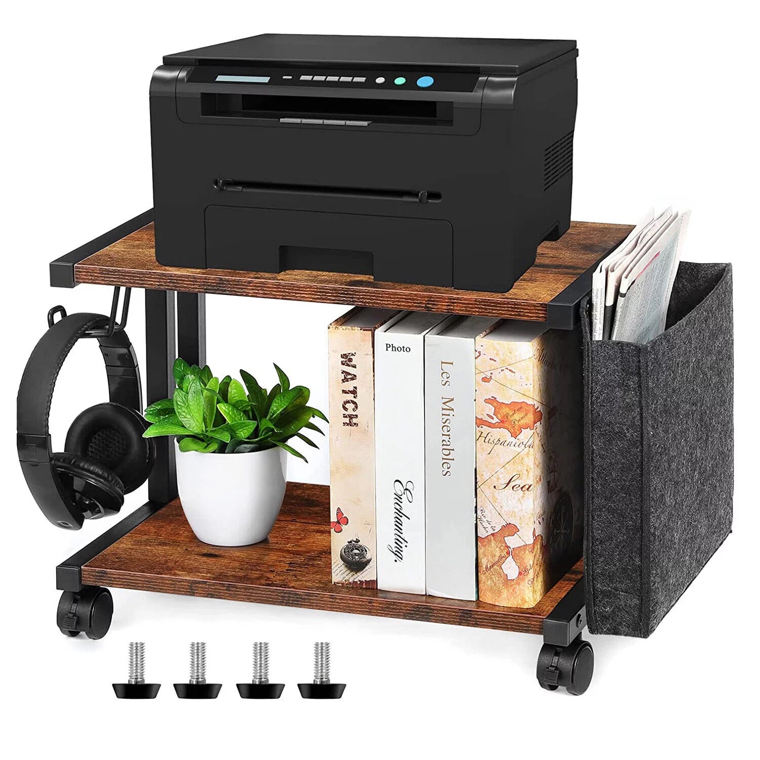 2-Tier Mobile Printer Stand with Storage, Under Desk Cart V92862