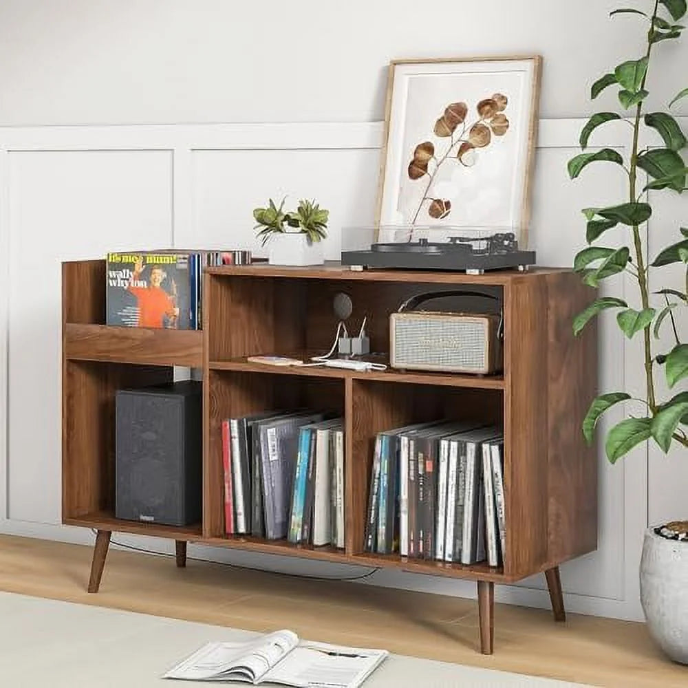 TJBOLIFE Mid-Century Record Player Stand with Vinyl Cabinet and Power Outlet H348