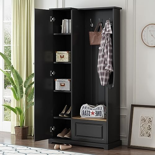 Stylish Design Hall Tree with Flip-Up Bench,Minimalist Hallway Shoe Cabinet with Adjustable Shelves,Coat Rack with Hanging Hooks for Entryways Mudroom,Black