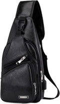 Crossbody Sling Bag,Men Women Waterproof Leather Sling Backpack Bag with USB Charging Port,Small Sling Crossbody Chest Shoulder Bag One Strap Backpack with Earphone Hole for Hiking Camping Outdoor