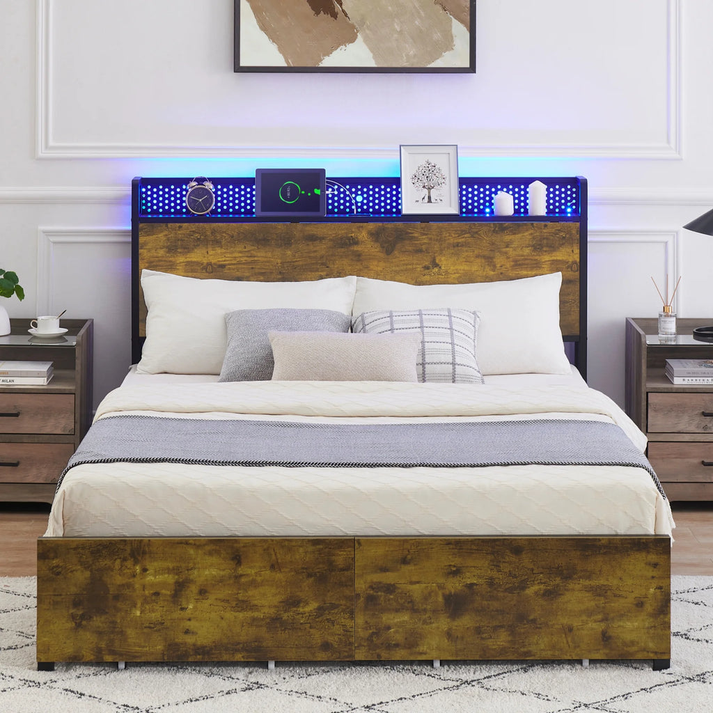 IDEALHOUSE Queen Bed Frame with Storage Headboard and 6 Drawers, LED, USB Ports, Retro O803