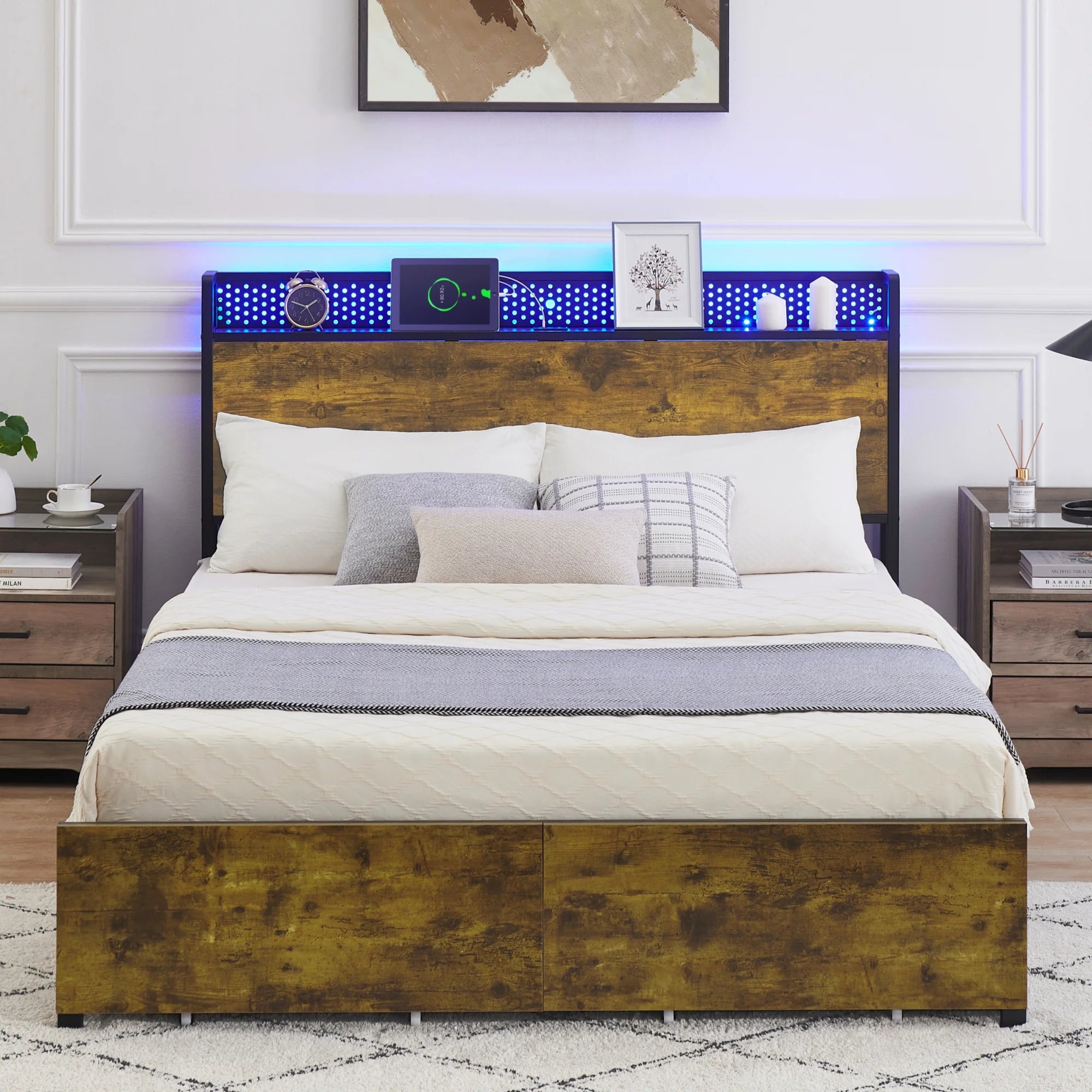 IDEALHOUSE Queen Bed Frame with Storage Headboard and 6 Drawers, LED, USB Ports, Retro O803