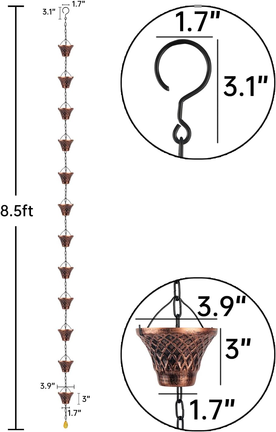 Copper Rain Chain for Downspout Garden Decor 8.5 ft k7