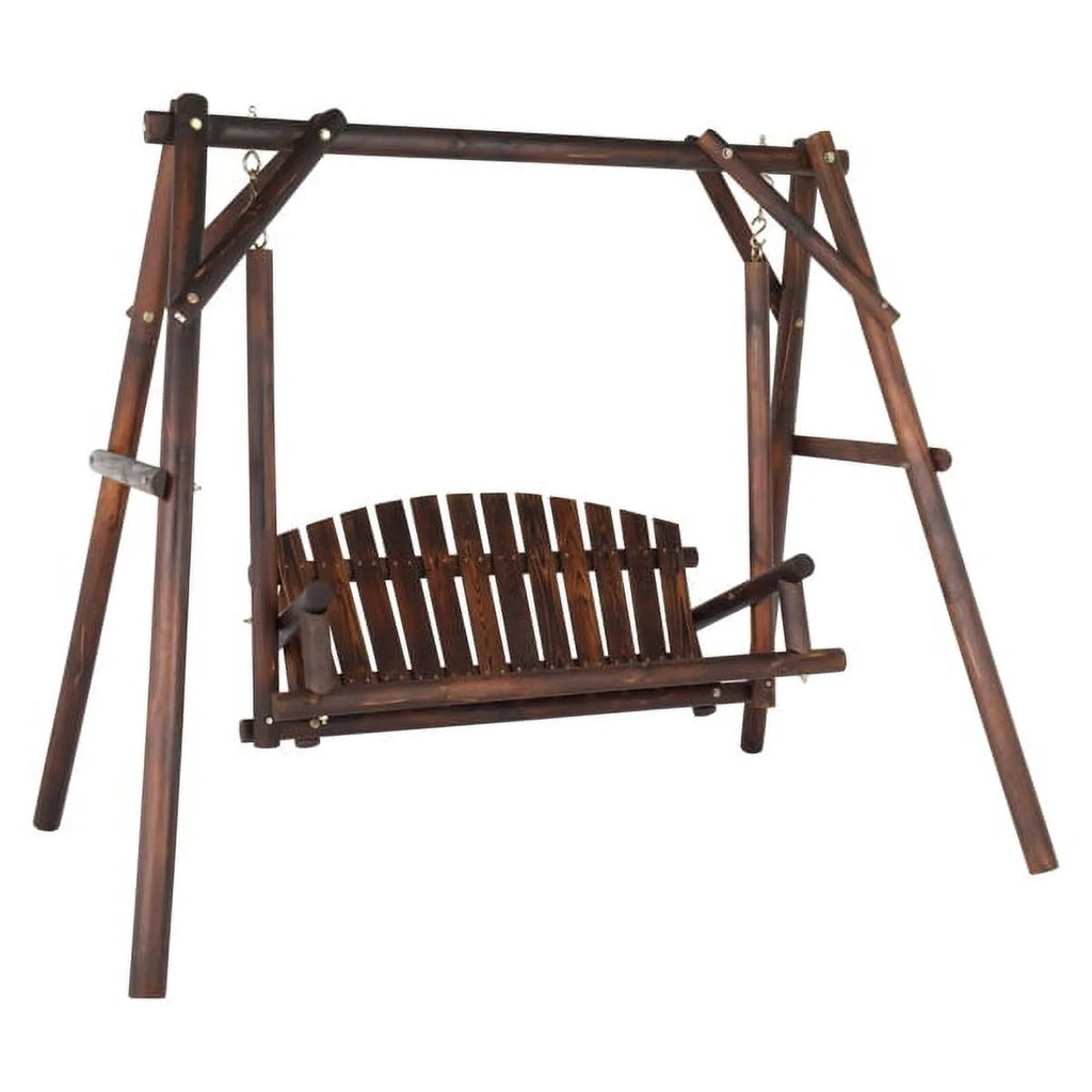 6.5ft Hardwood Patio Swing with Stand, Carbonized Loveseat for 2 G698